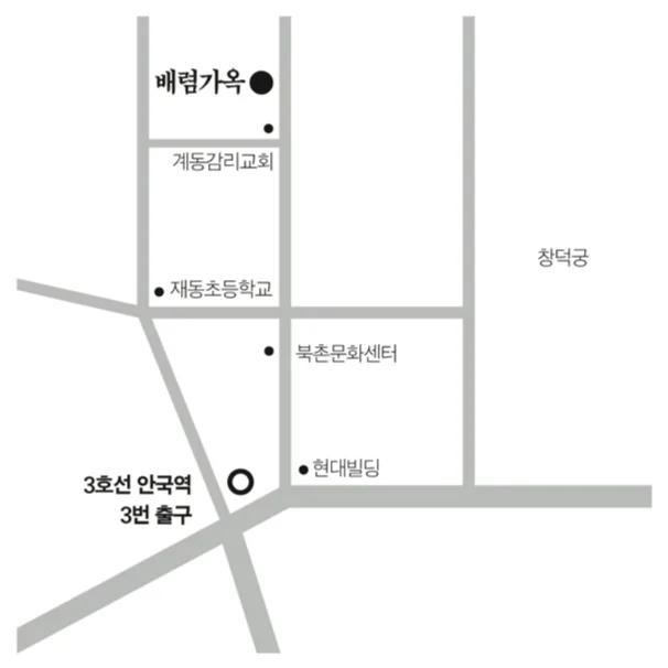 배렴가옥 약도 — 계동길, 계동감리교회와 재동초등학교 사이, 창덕궁 서편